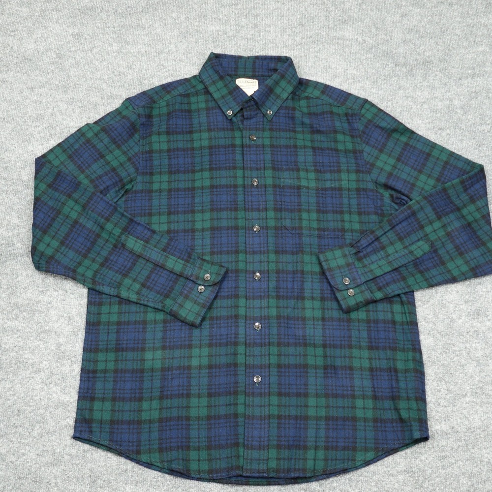 L.L. Bean Shirt Men Medium Green Navy Plaid Flannel Cotton Traditional Fit